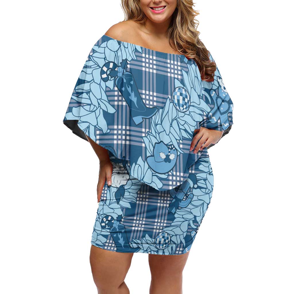 Blue Palaka Hawaii Cowboy Christmas Off Shoulder Short Dress Paniolo Mix Maile Lei LT7 Women Blue - Polynesian Pride