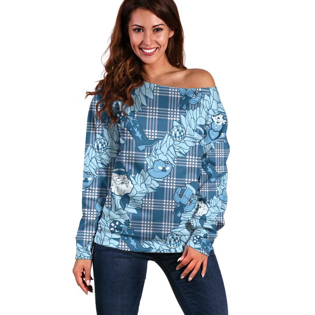 Blue Palaka Hawaii Cowboy Christmas Off Shoulder Sweater Paniolo Mix Maile Lei LT7 Women Blue - Polynesian Pride