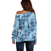 Blue Palaka Hawaii Cowboy Christmas Off Shoulder Sweater Paniolo Mix Maile Lei LT7 - Polynesian Pride