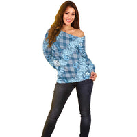 Blue Palaka Hawaii Cowboy Christmas Off Shoulder Sweater Paniolo Mix Maile Lei LT7 - Polynesian Pride