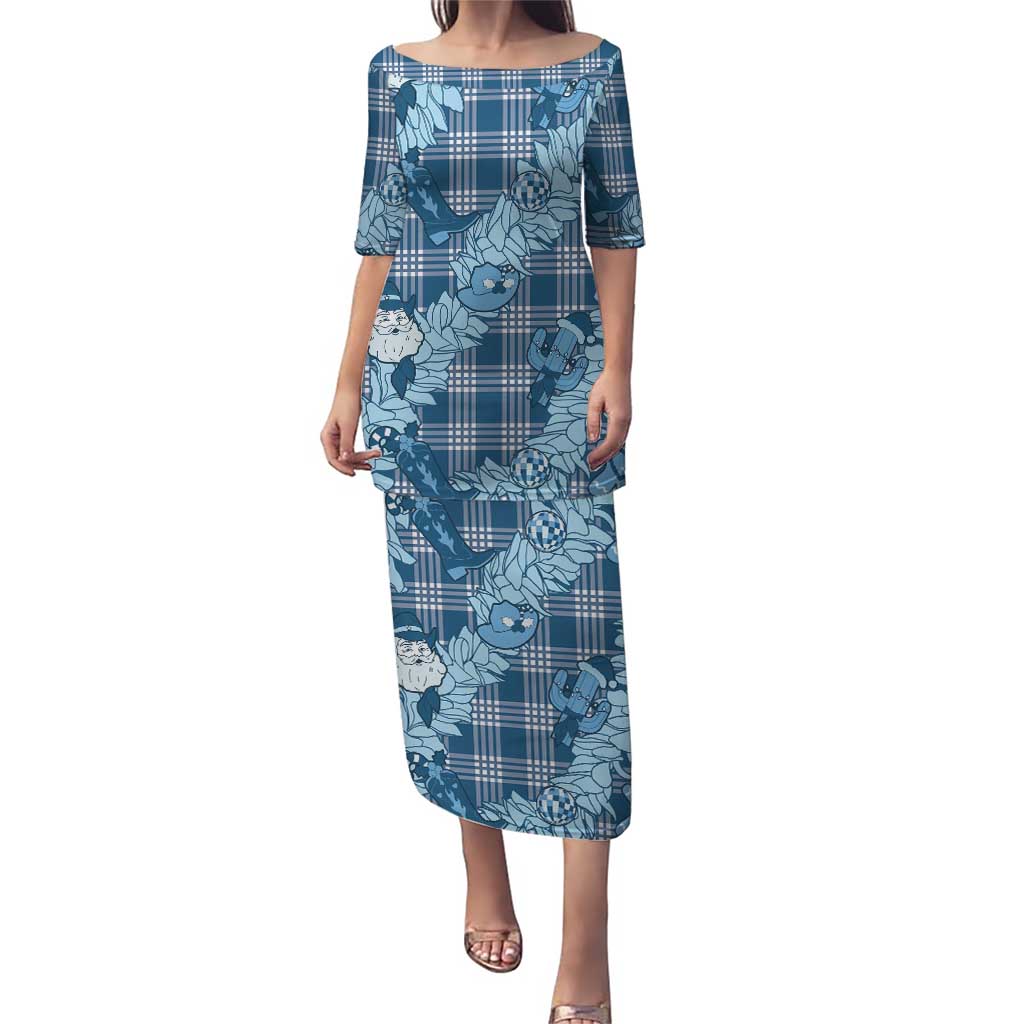 Blue Palaka Hawaii Cowboy Christmas Puletasi Paniolo Mix Maile Lei LT7 Long Dress Blue - Polynesian Pride