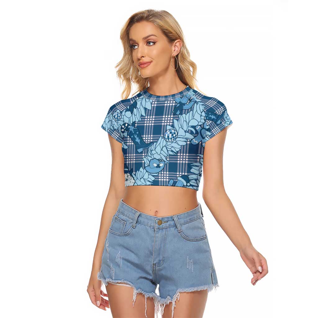 Blue Palaka Hawaii Cowboy Christmas Raglan Cropped T Shirt Paniolo Mix Maile Lei LT7 Female Blue - Polynesian Pride