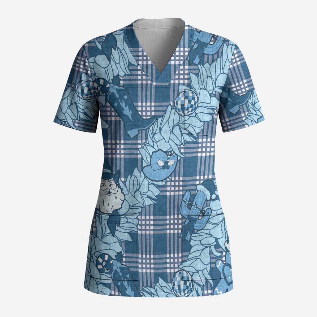 Blue Palaka Hawaii Cowboy Christmas Scrub Top Paniolo Mix Maile Lei LT7 Adult Blue - Polynesian Pride