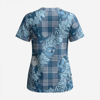 Blue Palaka Hawaii Cowboy Christmas Scrub Top Paniolo Mix Maile Lei LT7 - Polynesian Pride