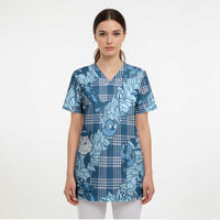 Blue Palaka Hawaii Cowboy Christmas Scrub Top Paniolo Mix Maile Lei LT7 - Polynesian Pride