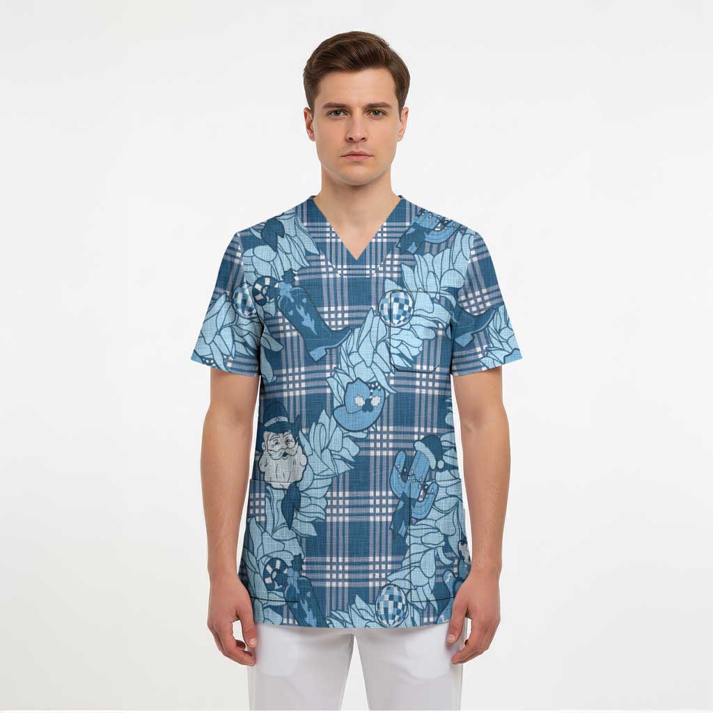 Blue Palaka Hawaii Cowboy Christmas Scrub Top Paniolo Mix Maile Lei LT7 - Polynesian Pride
