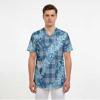 Blue Palaka Hawaii Cowboy Christmas Scrub Top Paniolo Mix Maile Lei LT7 - Polynesian Pride