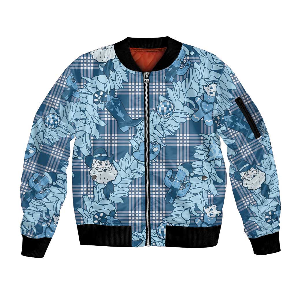 Blue Palaka Hawaii Cowboy Christmas Sleeve Zip Bomber Jacket Paniolo Mix Maile Lei LT7 Unisex Blue - Polynesian Pride