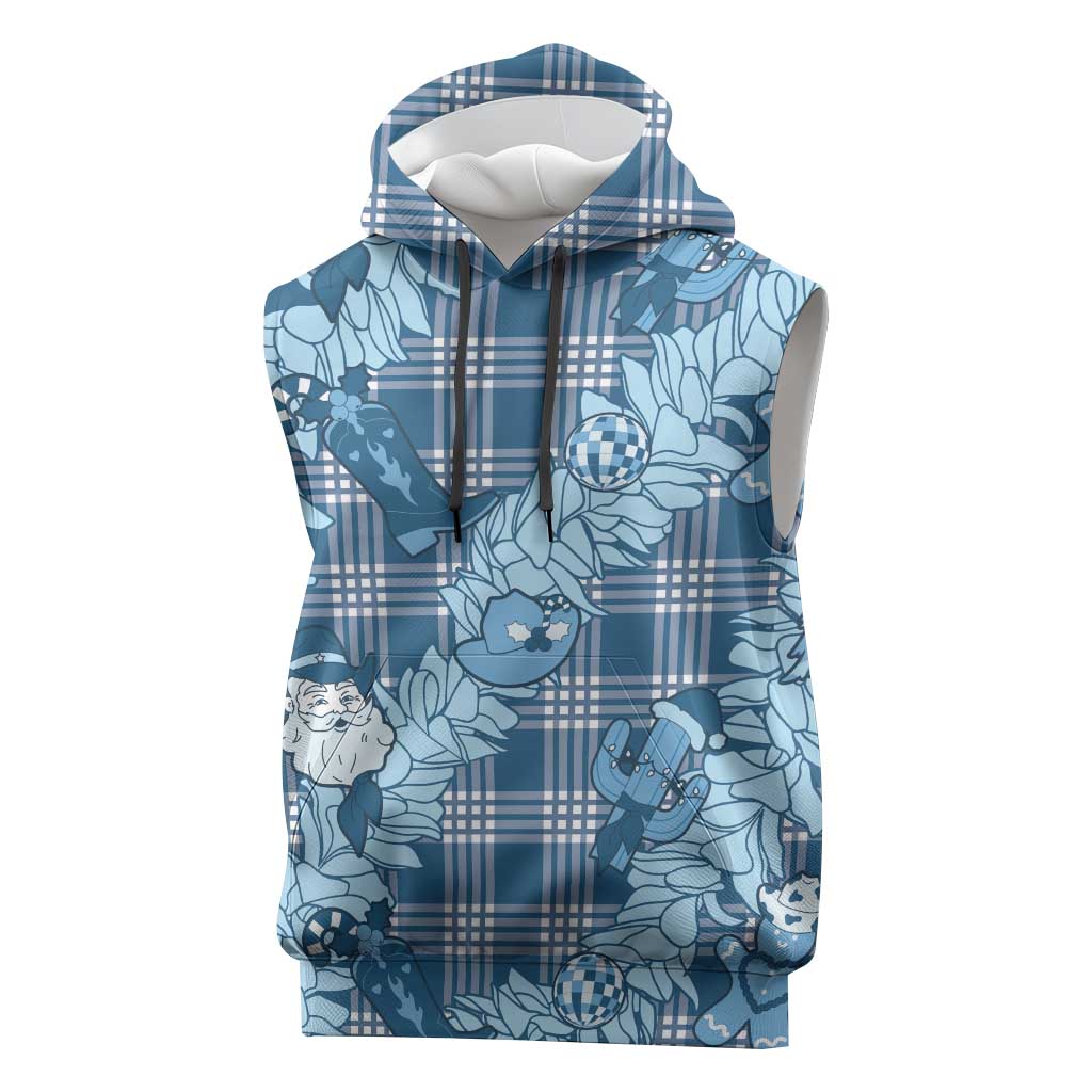 Blue Palaka Hawaii Cowboy Christmas Sleeveless Hoodie Paniolo Mix Maile Lei LT7 Blue - Polynesian Pride