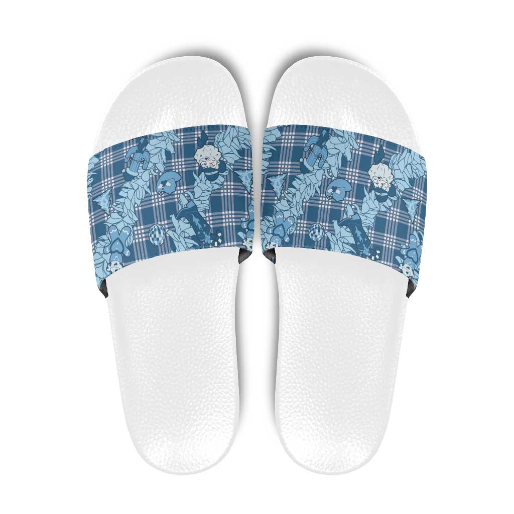Blue Palaka Hawaii Cowboy Christmas Slide Sandals Paniolo Mix Maile Lei LT7 Blue - Polynesian Pride