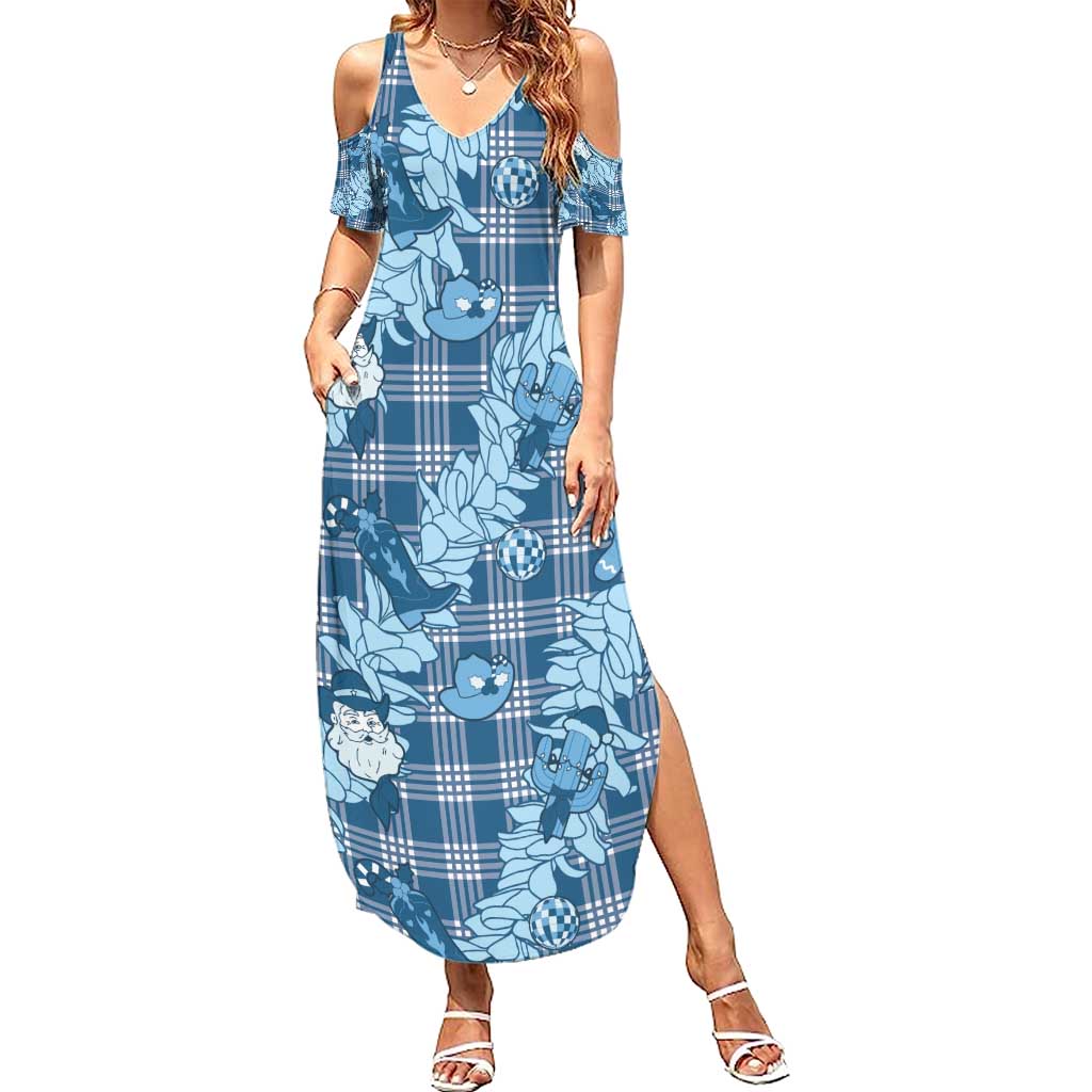 Blue Palaka Hawaii Cowboy Christmas Summer Maxi Dress Paniolo Mix Maile Lei LT7 Women Blue - Polynesian Pride