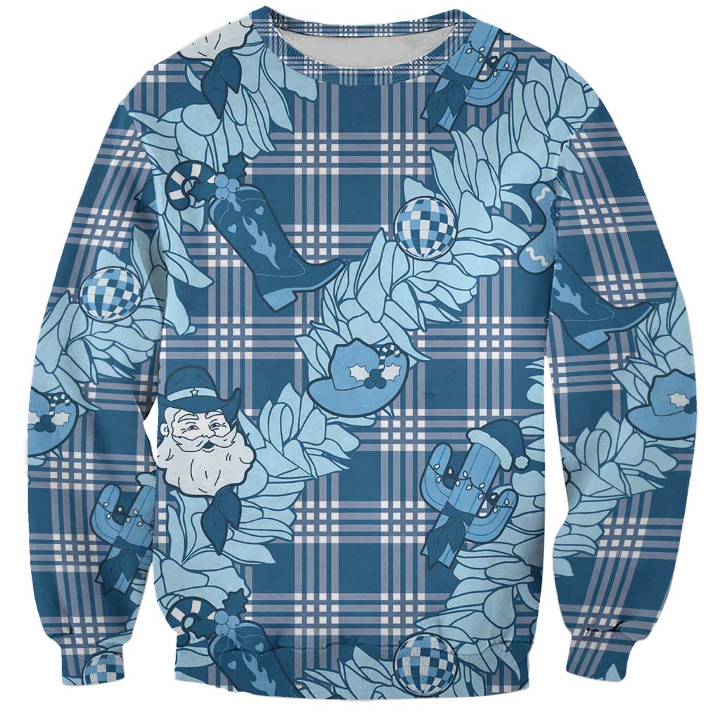 Blue Palaka Hawaii Cowboy Christmas Sweatshirt Paniolo Mix Maile Lei LT7 Unisex Blue - Polynesian Pride