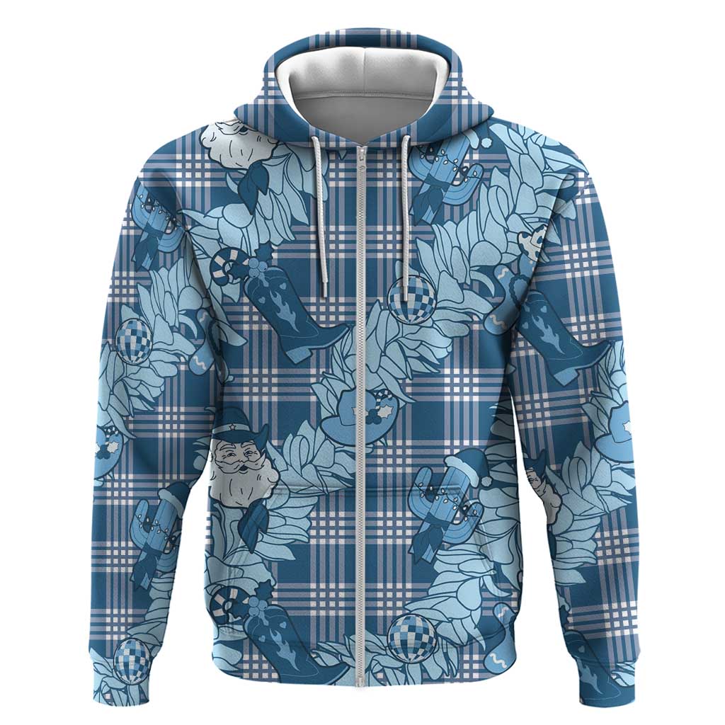 Blue Palaka Hawaii Cowboy Christmas Zip Hoodie Paniolo Mix Maile Lei LT7 Zip Hoodie Blue - Polynesian Pride