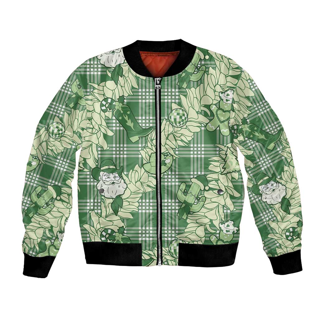 Green Palaka Hawaii Cowboy Christmas Bomber Jacket Paniolo Mix Maile Lei LT7 Unisex Green - Polynesian Pride