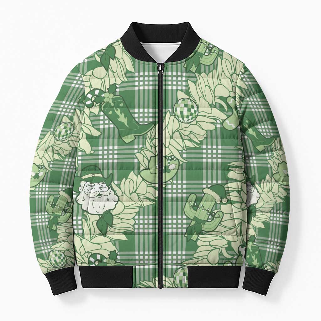 Green Palaka Hawaii Cowboy Christmas Bomber Puffer Jacket Paniolo Mix Maile Lei LT7 Unisex Green - Polynesian Pride