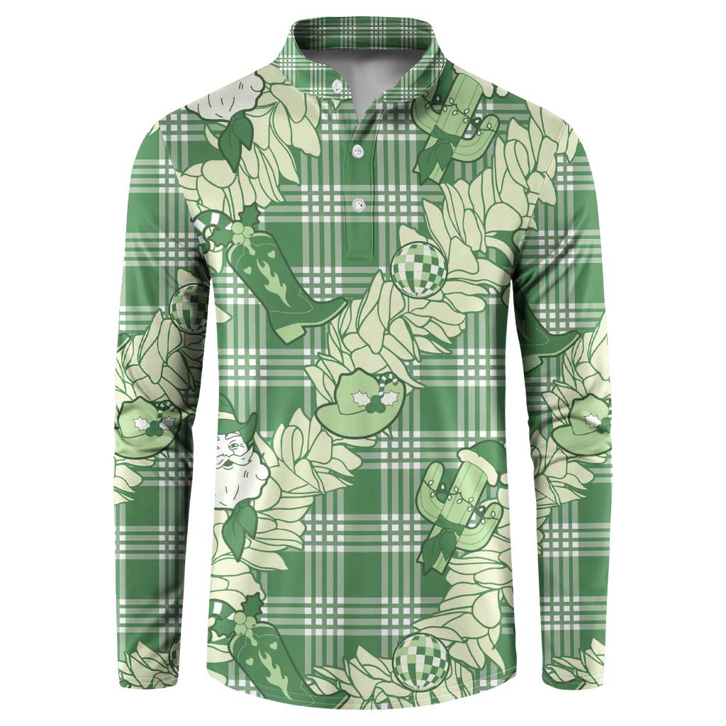 Green Palaka Hawaii Cowboy Christmas Button Sweatshirt Paniolo Mix Maile Lei LT7 Green - Polynesian Pride