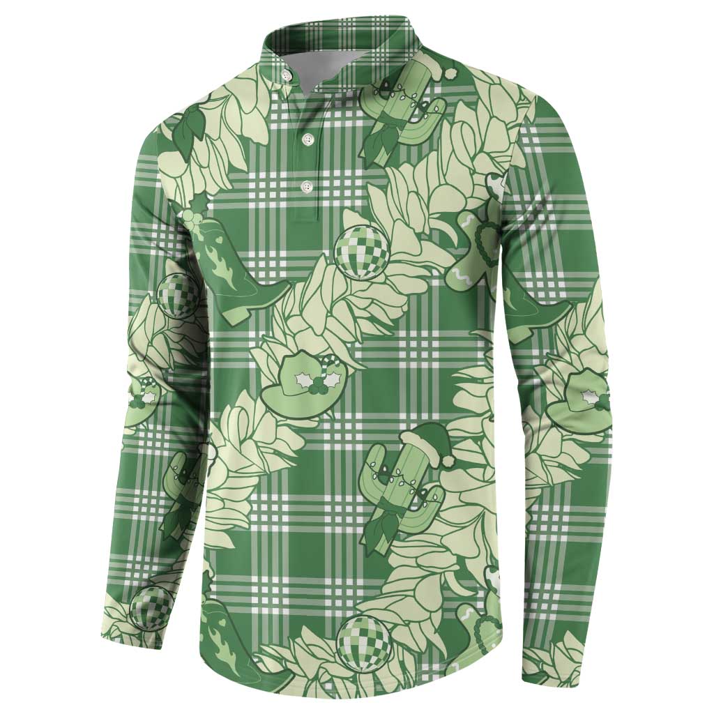 Green Palaka Hawaii Cowboy Christmas Button Sweatshirt Paniolo Mix Maile Lei LT7 - Polynesian Pride