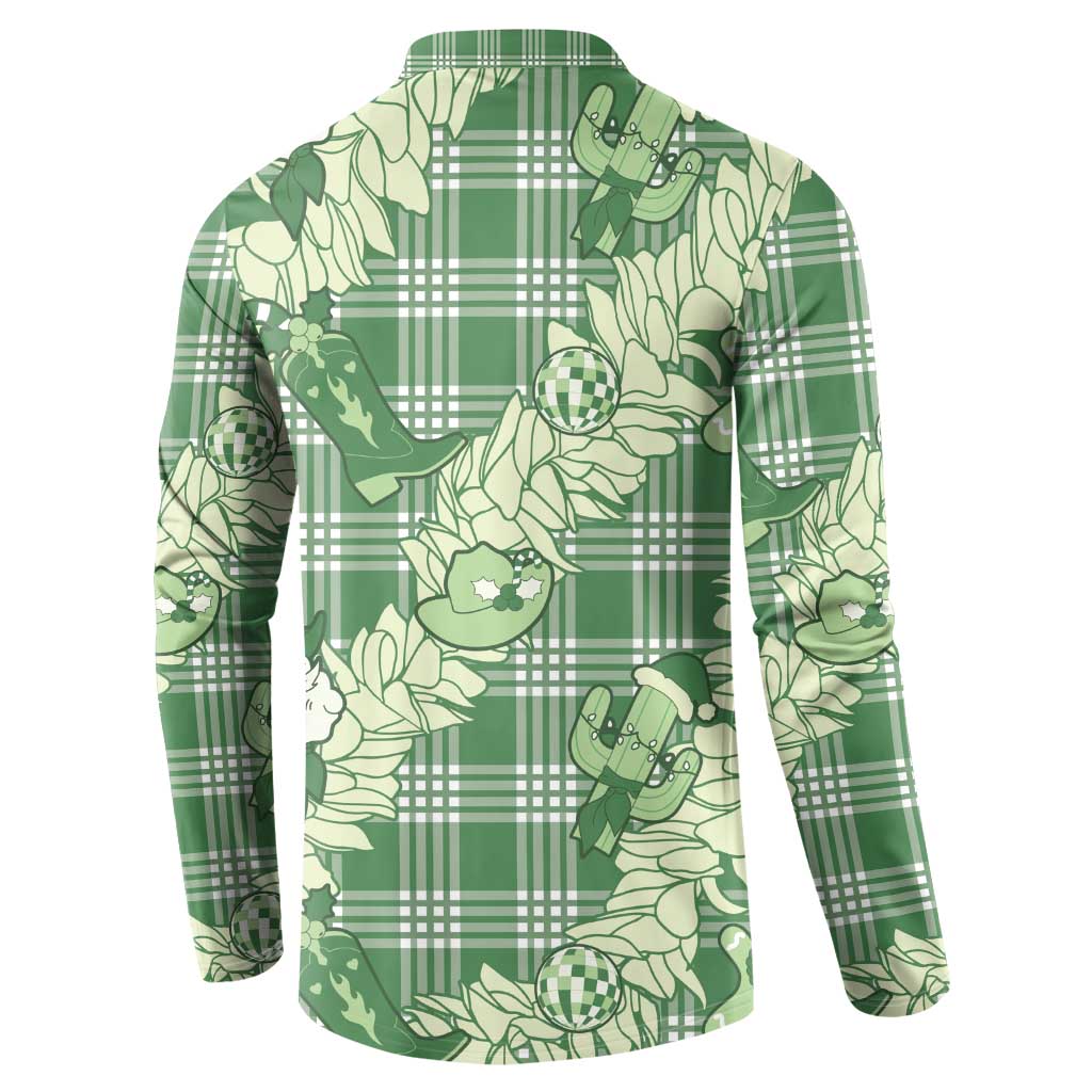 Green Palaka Hawaii Cowboy Christmas Button Sweatshirt Paniolo Mix Maile Lei LT7 - Polynesian Pride