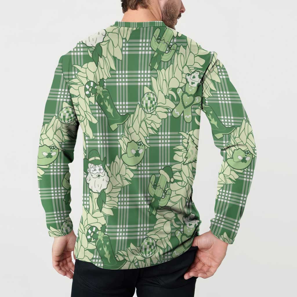 Green Palaka Hawaii Cowboy Christmas Button Sweatshirt Paniolo Mix Maile Lei LT7 - Polynesian Pride