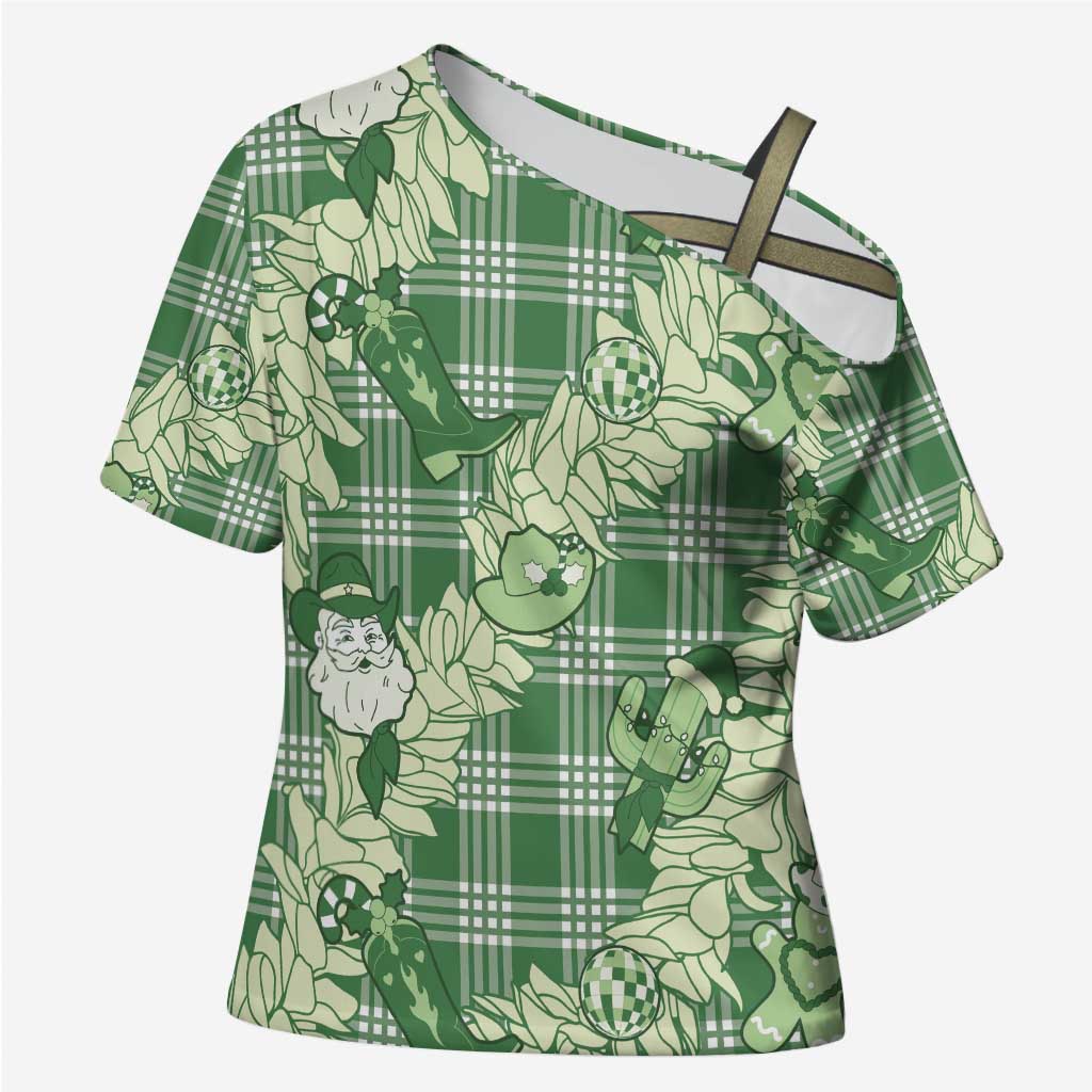 Green Palaka Hawaii Cowboy Christmas Cross Shoulder Shirt Paniolo Mix Maile Lei LT7 Female Green - Polynesian Pride