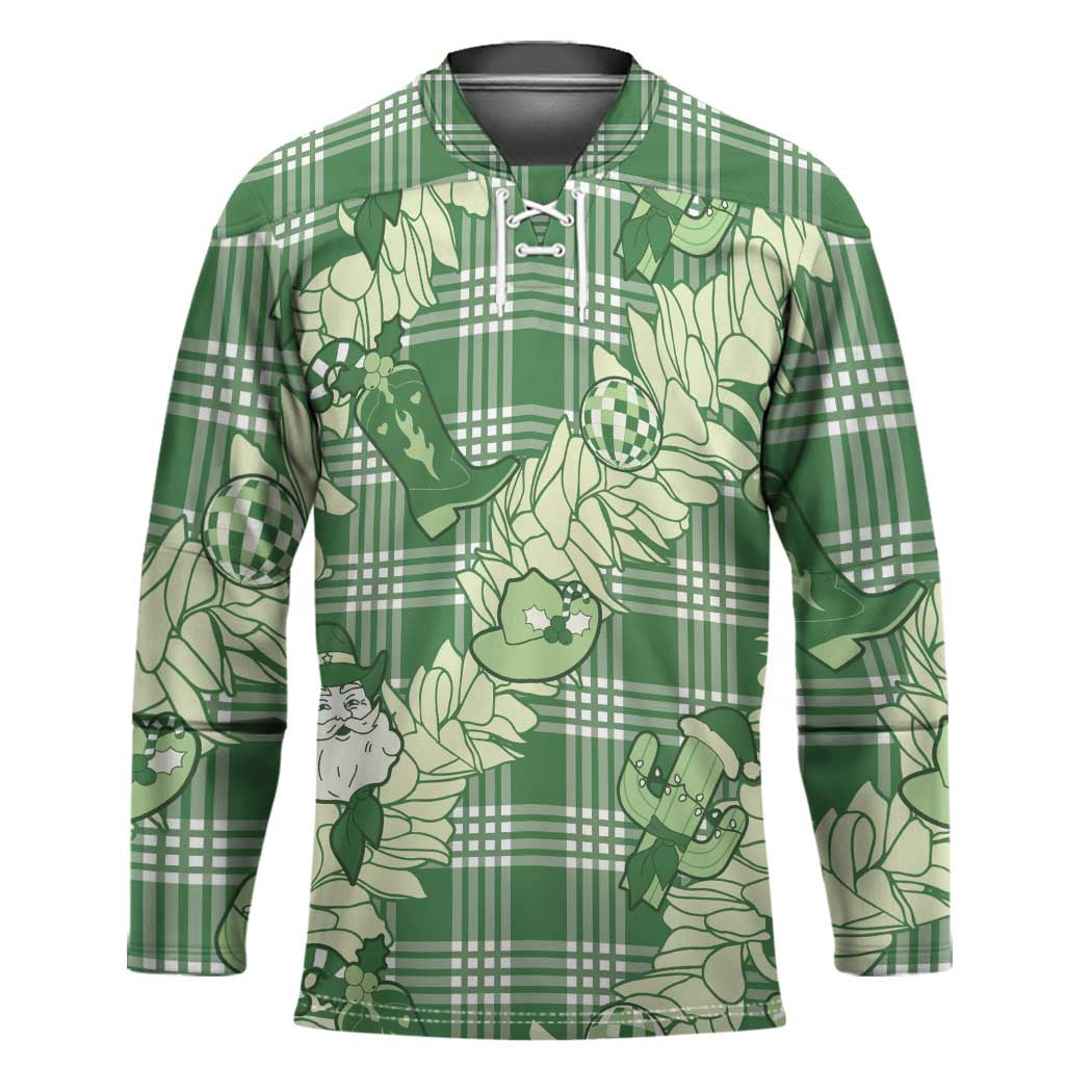Green Palaka Hawaii Cowboy Christmas Hockey Jersey Paniolo Mix Maile Lei LT7 Unisex Green - Polynesian Pride