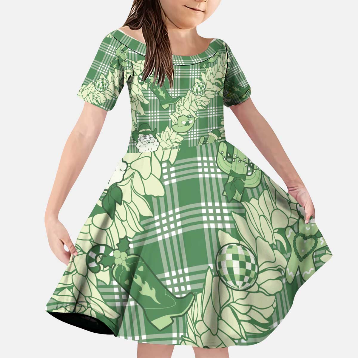 Green Palaka Hawaii Cowboy Christmas Kid Short Sleeve Dress Paniolo Mix Maile Lei LT7 KID Green - Polynesian Pride