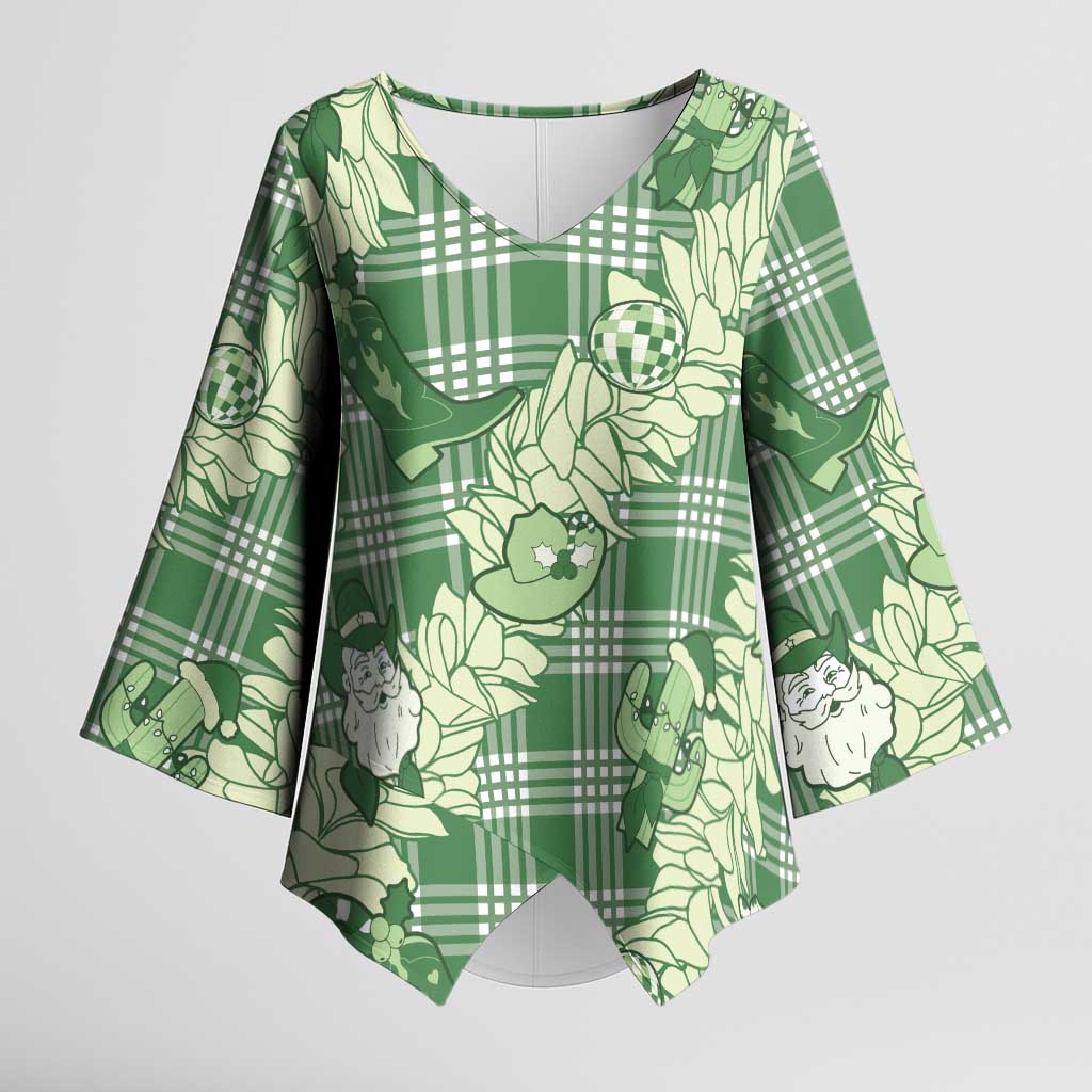Green Palaka Hawaii Cowboy Christmas Kimono Sleeve Blouse Paniolo Mix Maile Lei LT7 Female Green - Polynesian Pride