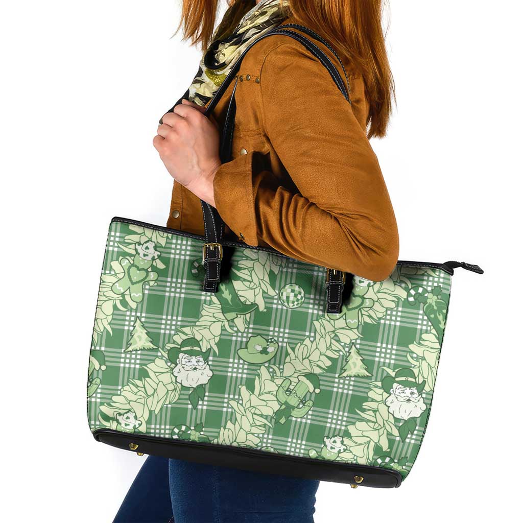 Green Palaka Hawaii Cowboy Christmas Leather Tote Bag Paniolo Mix Maile Lei LT7 Green - Polynesian Pride