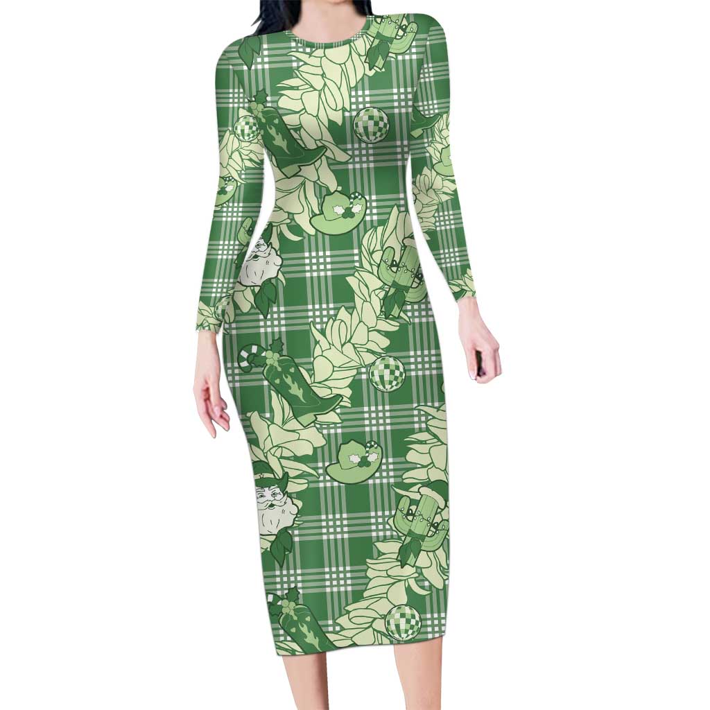 Green Palaka Hawaii Cowboy Christmas Long Sleeve Bodycon Dress Paniolo Mix Maile Lei LT7 Long Dress Green - Polynesian Pride