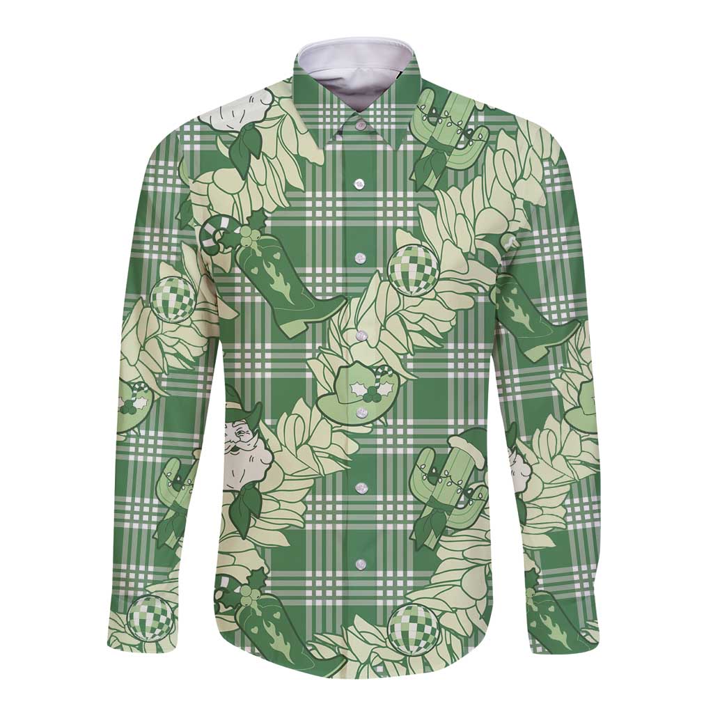 Green Palaka Hawaii Cowboy Christmas Long Sleeve Button Shirt Paniolo Mix Maile Lei LT7 Unisex Green - Polynesian Pride
