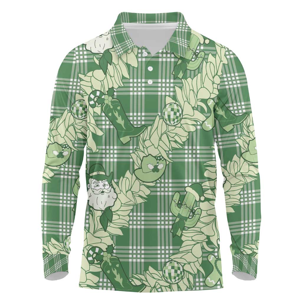 Green Palaka Hawaii Cowboy Christmas Long Sleeve Polo Shirt Paniolo Mix Maile Lei LT7 Green - Polynesian Pride