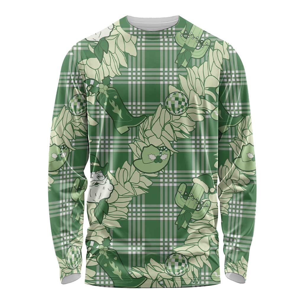 Green Palaka Hawaii Cowboy Christmas Long Sleeve Shirt Paniolo Mix Maile Lei LT7 Unisex Green - Polynesian Pride