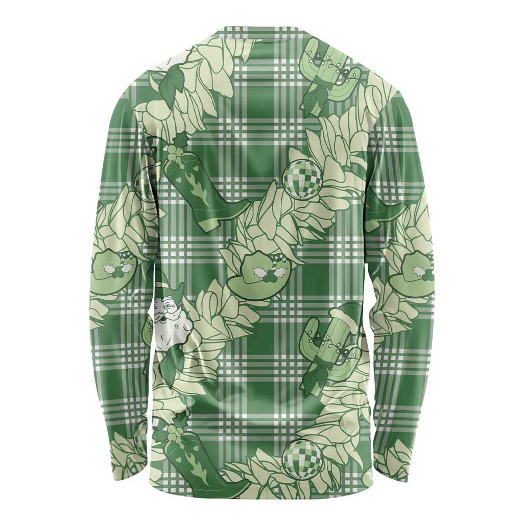 Green Palaka Hawaii Cowboy Christmas Long Sleeve Shirt Paniolo Mix Maile Lei LT7 - Polynesian Pride