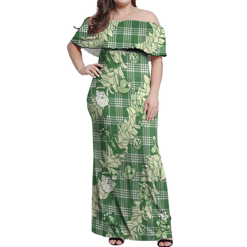 Green Palaka Hawaii Cowboy Christmas Off Shoulder Maxi Dress Paniolo Mix Maile Lei LT7 Women Green - Polynesian Pride