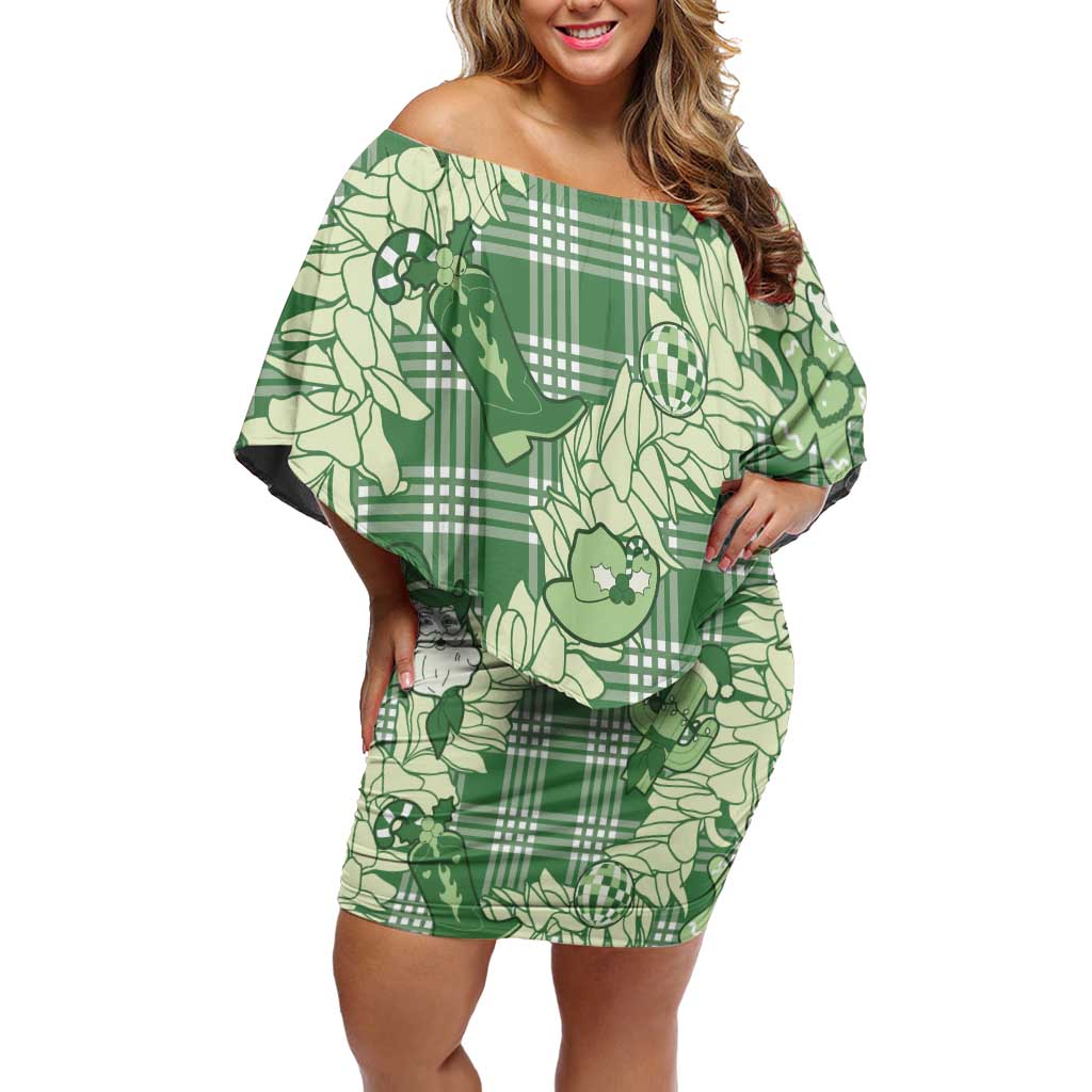Green Palaka Hawaii Cowboy Christmas Off Shoulder Short Dress Paniolo Mix Maile Lei LT7 Women Green - Polynesian Pride