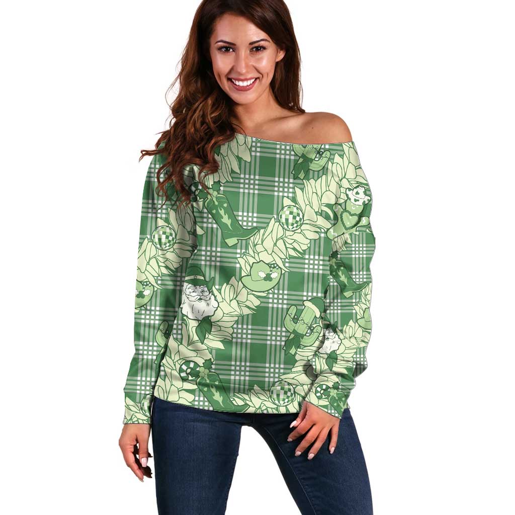 Green Palaka Hawaii Cowboy Christmas Off Shoulder Sweater Paniolo Mix Maile Lei LT7 Women Green - Polynesian Pride