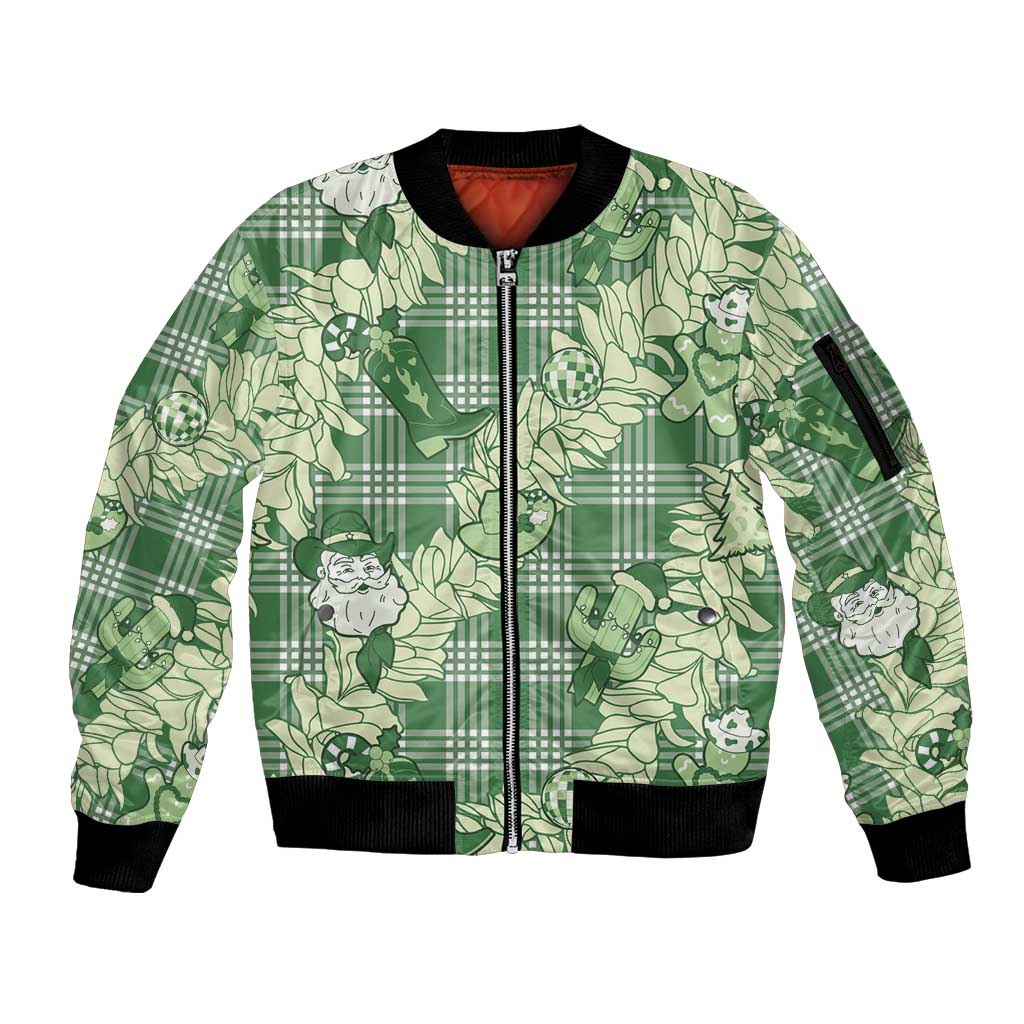 Green Palaka Hawaii Cowboy Christmas Sleeve Zip Bomber Jacket Paniolo Mix Maile Lei LT7 Unisex Green - Polynesian Pride