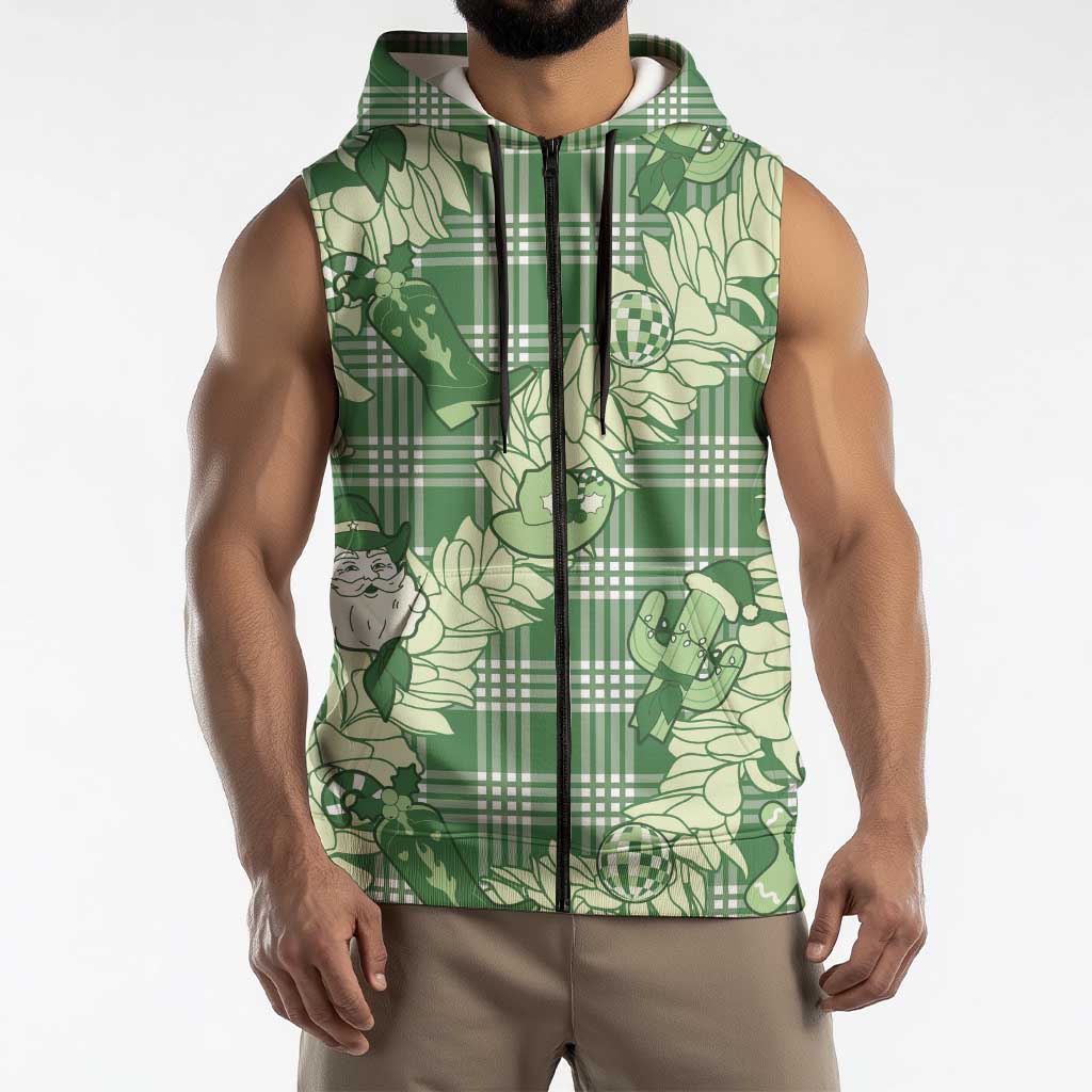 Green Palaka Hawaii Cowboy Christmas Sleeveless Zip Hoodie Paniolo Mix Maile Lei LT7 - Polynesian Pride