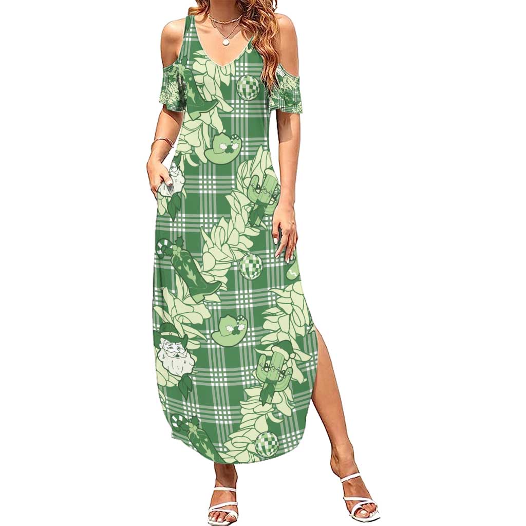 Green Palaka Hawaii Cowboy Christmas Summer Maxi Dress Paniolo Mix Maile Lei LT7 Women Green - Polynesian Pride
