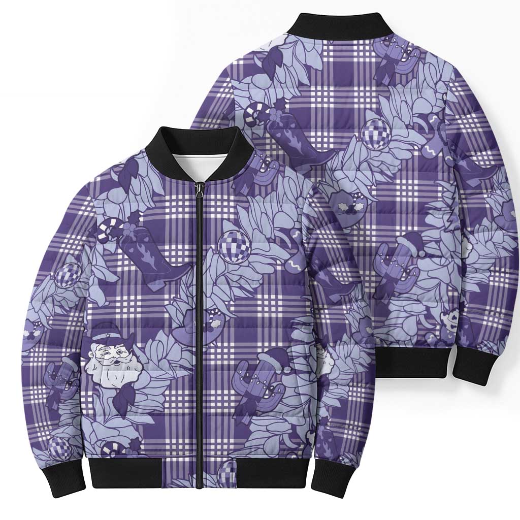 Purple Palaka Hawaii Cowboy Christmas Bomber Puffer Jacket Paniolo Mix Maile Lei LT7 - Polynesian Pride