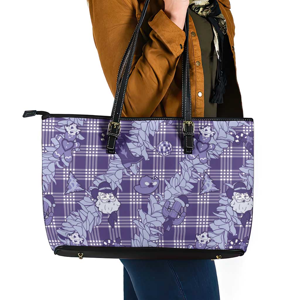 Purple Palaka Hawaii Cowboy Christmas Leather Tote Bag Paniolo Mix Maile Lei LT7 - Polynesian Pride