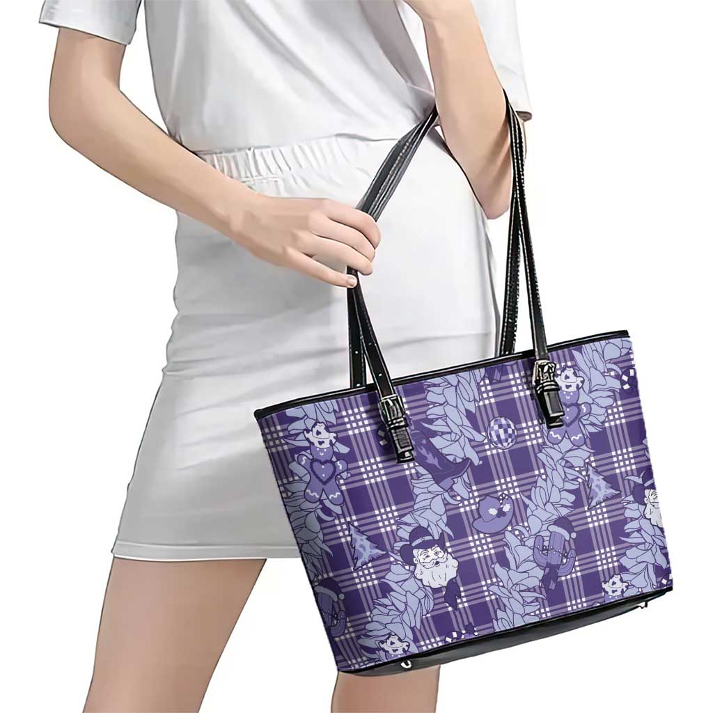 Purple Palaka Hawaii Cowboy Christmas Leather Tote Bag Paniolo Mix Maile Lei LT7 - Polynesian Pride
