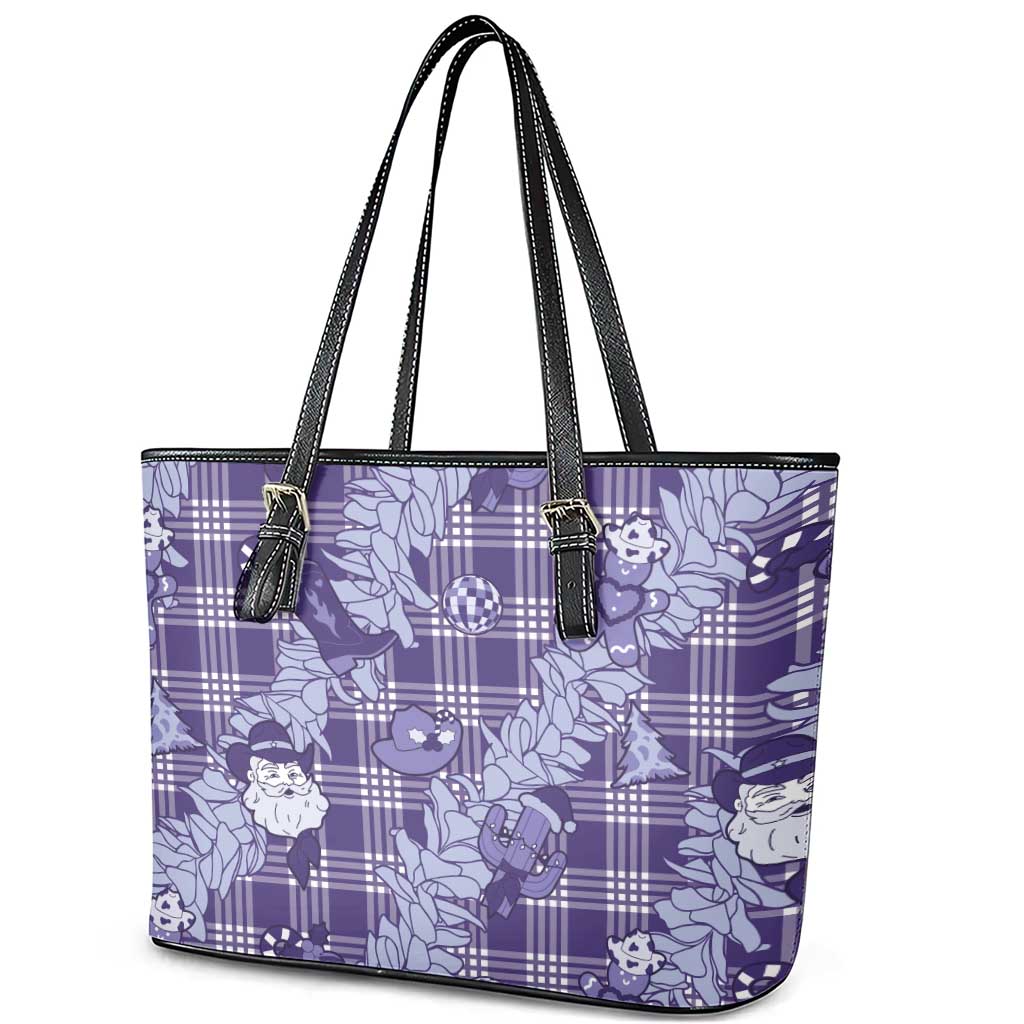 Purple Palaka Hawaii Cowboy Christmas Leather Tote Bag Paniolo Mix Maile Lei LT7 - Polynesian Pride