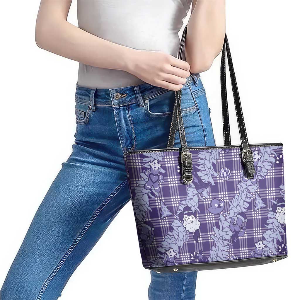Purple Palaka Hawaii Cowboy Christmas Leather Tote Bag Paniolo Mix Maile Lei LT7 - Polynesian Pride