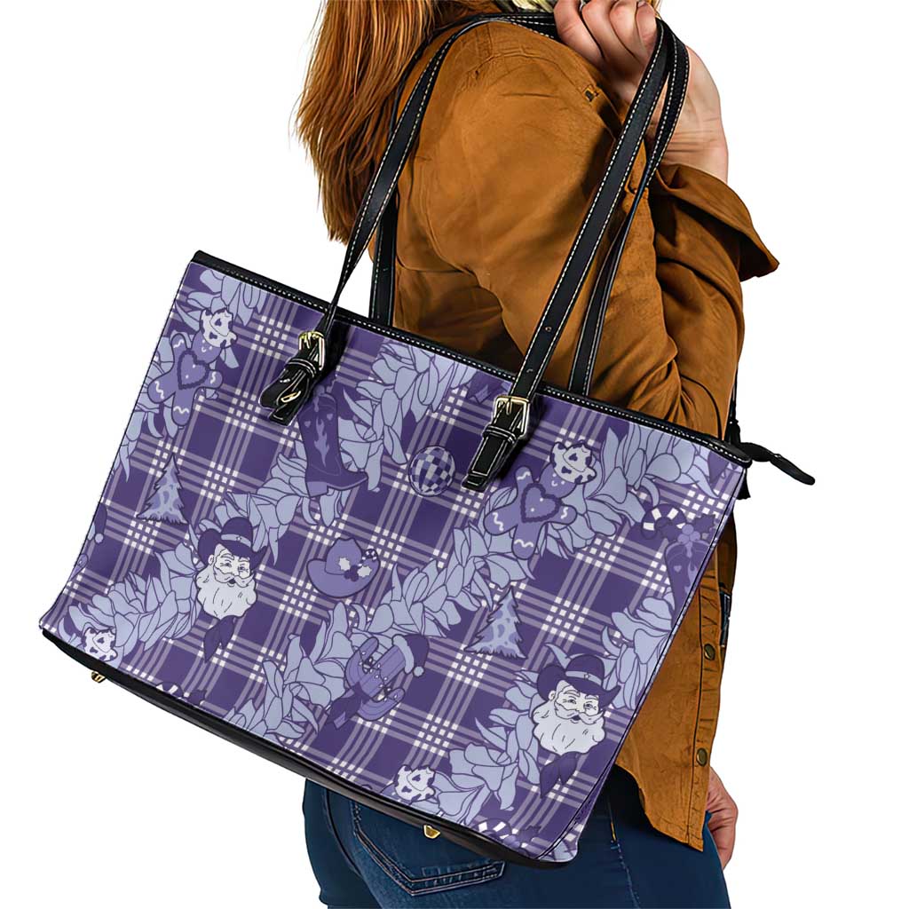 Purple Palaka Hawaii Cowboy Christmas Leather Tote Bag Paniolo Mix Maile Lei LT7 - Polynesian Pride