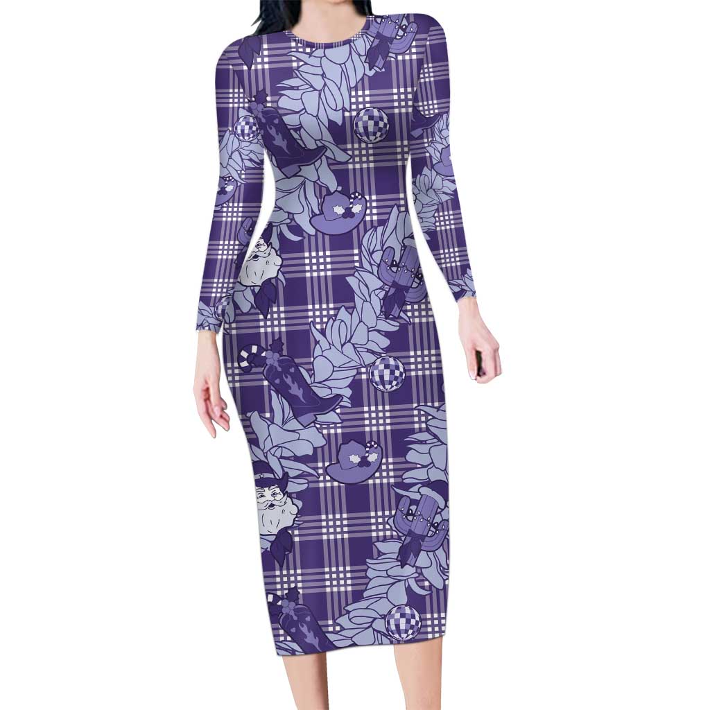 Purple Palaka Hawaii Cowboy Christmas Long Sleeve Bodycon Dress Paniolo Mix Maile Lei LT7 Long Dress Purple - Polynesian Pride