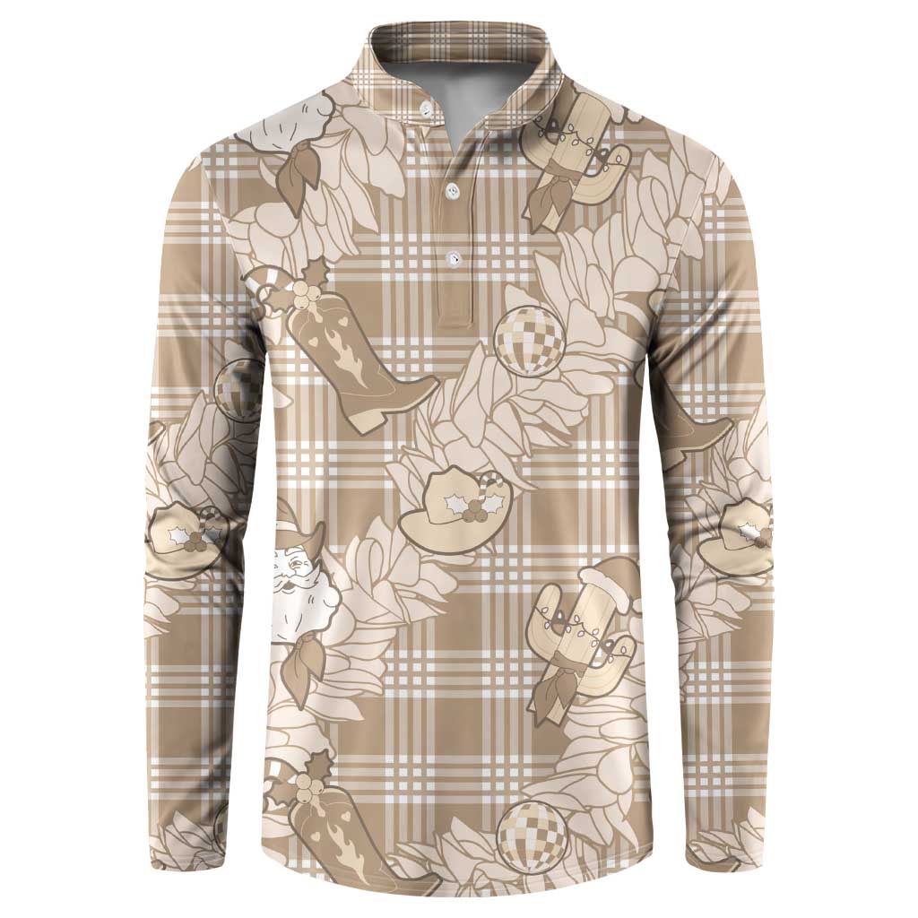 Khaki Palaka Hawaii Cowboy Christmas Button Sweatshirt Paniolo Mix Maile Lei LT7 Beige - Polynesian Pride