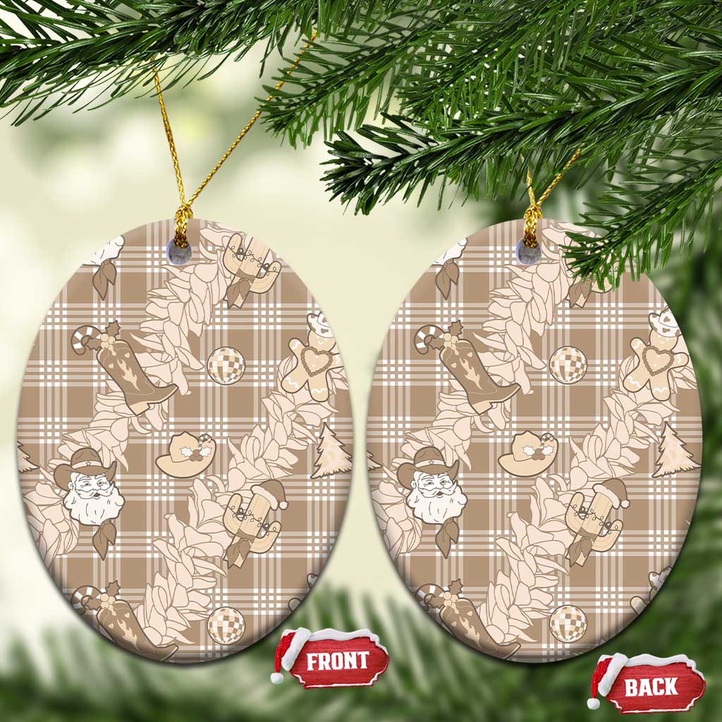 Khaki Palaka Hawaii Cowboy Christmas Ceramic Ornament Paniolo Mix Maile Lei LT7 Oval Beige - Polynesian Pride