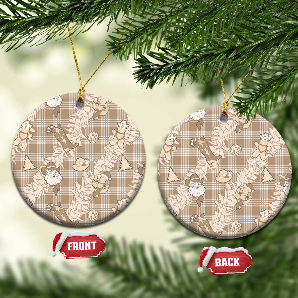 Khaki Palaka Hawaii Cowboy Christmas Ceramic Ornament Paniolo Mix Maile Lei LT7 Circle Beige - Polynesian Pride