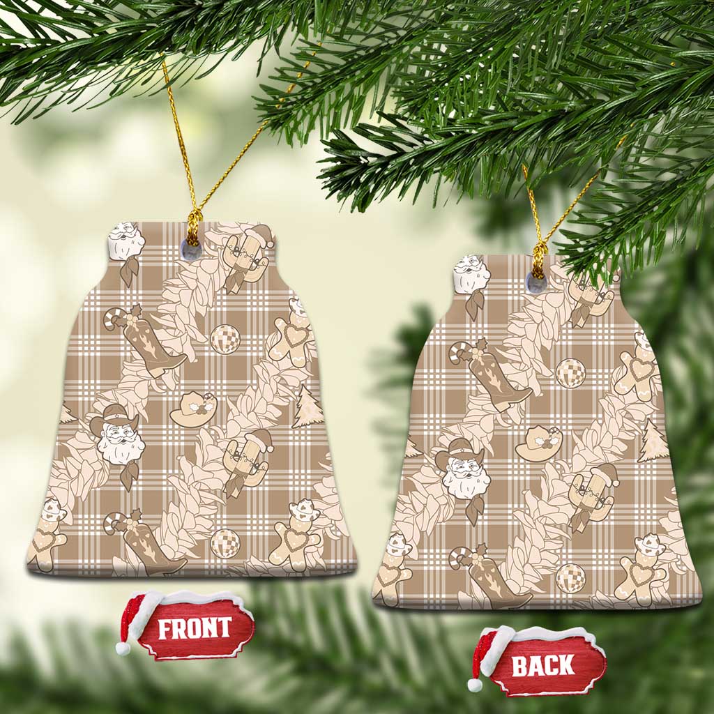 Khaki Palaka Hawaii Cowboy Christmas Ceramic Ornament Paniolo Mix Maile Lei LT7 Bell Flake Beige - Polynesian Pride